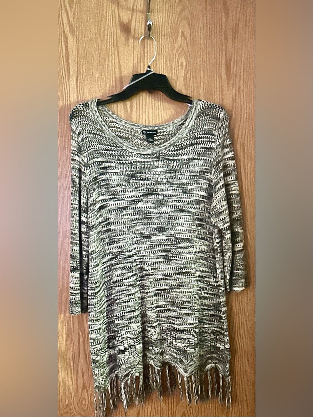new directions Beige and Brown Open-Knit Fringe Hem Sweater